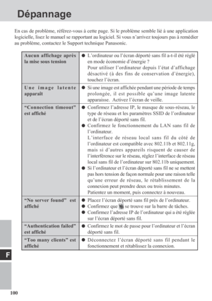 Page 100100
F
Aucun affichage après
la mise sous tension
Une image latente
apparaît
“Connection timeout”
est affiché
“No server found”  est
affiché
“Authentication failed”
est affiché
“Too many clients” est
affiché
Dépannage
L’ordinateur ou l’écran déporté sans fil a-t-il été réglé
en mode économie d’énergie ?
Pour utiliser l’ordinateur depuis l’état d’affichage
désactivé (à des fins de conservation d’énergie),
touchez l’écran.
Si une image est affichée pendant une période de temps
prolongée, il est possible...