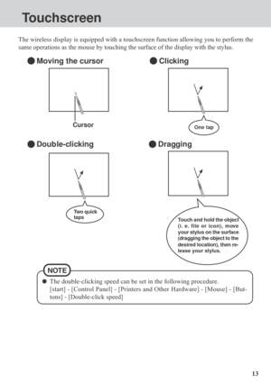 Page 1313
Touchscreen
The wireless display is equipped with a touchscreen function allowing you to perform the
same operations as the mouse by touching the surface of the display with the stylus.
Moving the cursorClicking
Double-clickingDragging
Touch and hold the object
(i. e. file or icon), move
your stylus on the surface
(dragging the object to the
desired location), then re-
lease your stylus. Two quick
tapsOne tap
The double-clicking speed can be set in the following procedure.
[start] - [Control Panel] -...