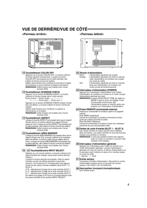 Page 29FRANÇAIS

Touche/témoin COLOR OFF
Appuyer sur la touche COLOR OFF. La touche s’allume
et l’écran devient monochrome. Lorsque la touche
COLOR OFF est pressée tout en étant allumée, elle
s’éteint et l’écran normal est restitué.
Utiliser cette fonction pour confirmer le bruit dans le signal
de luminance ou pour confirmer la balance des blancs.
REMARQUE:Cette fonction est invalide avec l’écran
d’entrée RVB.
Touche/témoin SCREENS CHECK
Appuyer sur la touche SCREENS CHECK. La touche
s’allume et l’écran change...