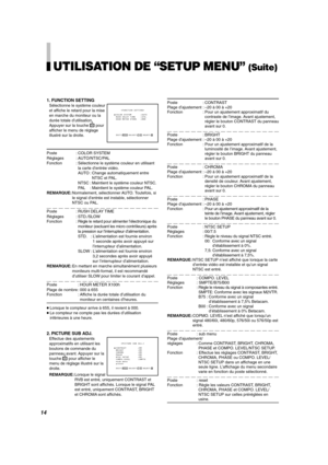 Page 38UTILISATION DE “SETUP MENU” (Suite)
    
COLOR SYSTEM       :AUTO
RUSH DELAY TIME    :STD.
HOUR METER X100h   :000 
EXIT: 
MENU ADJUST:- + SELECT:
    
CONTRAST         :00
BRIGHT           :00
CHROMA           :00 
PHASE            :00
NTSC SETUP       :00
COMPO.LEVEL      :SMPTE
 sub menu 
 reset
EXIT: 
MENU ADJUST:- + SELECT:
1. FUNCTION SETTING
Sélectionne le système couleur
et affiche le retard pour la mise
en marche du moniteur ou la
durée totale d’utilisation.
Appuyer sur la touche 
 pour
afficher...