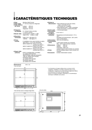 Page 45FRANÇAIS
CARACTÉRISTIQUES TECHNIQUES
 Type : Moniteur Multi-Format
 Tube image : 17 (43 cm) mesur é en diagonale
 Taille effective 
de l ’écran : Largeur : 330 mm
Hauteur : 250 mm 
Diagonale : 410 mm
 Fr équence
de balayage : H : 15 kHz/15 kHz  à 45 kHz
V : 50 Hz  à 100 Hz
 Bande vid éo : Composantes : 25 MHz ( –3 dB)
Vid éo (Y/C) : 8 MHz ( –3 dB)
 Résolution
horizontale :Vidéo (Y/C) : 600 lignes TV
1080/60i : 800 lignes TV
 Prises 
d’entr ée :L’installation d ’une carte d ’entr ée en option
dans...