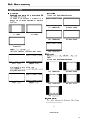 Page 1515
g16:9 marker 
(Displayed when using HD, or when using SD 
with a 16:9 aspect ratio)
The marker is only displayed as a vertical bar. In 
addition, the   section becomes the “MARKER 
BACK” item. 
VISTA marker, CNSCO marker
A horizontal dotted line is displayed as the marker. 
When “UNDER” is set in “SCAN” in the  
“VIDEO CONFIG” menu, a vertical dotted line is also 
displayed as the marker. Area marker
A dotted line is displayed as the marker. 
g4:3 marker 
(Displayed when using SD with a 4:3 aspect...