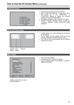 Page 1313
How to Use the On Screen Menu (continued)
Use the menu to open and set up functions. 
When “FUNCTION DISPLAY” (Jpage 23) is set to
ON, press any of the “FUNCTION1” to
“FUNCTION5” buttons to display the functions
assigned to the FUNCTION buttons. 
This display disappears after 2 seconds of inaction. 
“XXXXX” indicates operating status (Jpage 25,
“Functions displayed during FUNCTION button
operation”).
A white skeleton bar meter indicates the audio level
for SDI signals. 
You can switch the level...