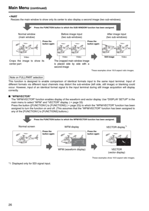 Page 2626
This function is designed to enable comparison of identical formats input to the same input terminal. Input of
different formats via different input channels may distort the sub-window (left side, still image) or blanking could
occur. However, input of an identical format signal to the input terminal during still image acquisition will display
correctly.
■“WFM/VECTOR” 
The “WFM/VECTOR” function enables display of the waveform and vector display. Use “DISPLAY SETUP” in the
main menu to select “WFM” and...