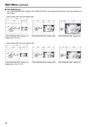 Page 4242
Main Menu (continued)
■TWO WINDOW size
The “TWO WINDOW SIZE” setting in the “DISPLAY SETUP” menu determines the size of the main window and
sub-window.
 Main window (SD) and sub-window (SD)
 Main window (HD) and sub-window (HD)
1920
12806401280640960960
“TWO WINDOW SIZE” setting: L/S
Display size: 4:3 or 5:4 “TWO WINDOW SIZE” setting: M/M “TWO WINDOW SIZE” setting: S/L
1920
12806401280640960960
“TWO WINDOW SIZE” setting: L/S
Display size: 16:9 or 16:10 “TWO WINDOW SIZE” setting: M/M “TWO WINDOW SIZE”...