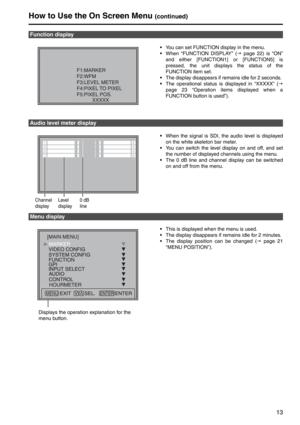 Page 1313
•You can set FUNCTION display in the menu. 
• When “FUNCTION DISPLAY” ( J page 22) is “ON” 
and either [FUNCTION1]  or [FUNCTION5] is 
pressed, the unit displays the status of the 
FUNCTION item set.
• The display disappears if remains idle for 2 seconds. 
• The operational status is displayed in “XXXXX” ( J
page 23 “Operation items displayed when a 
FUNCTION button is used”).
• When the signal is SDI, the audio level is displayed 
on the white skeleton bar meter.
• You can switch the level display on...