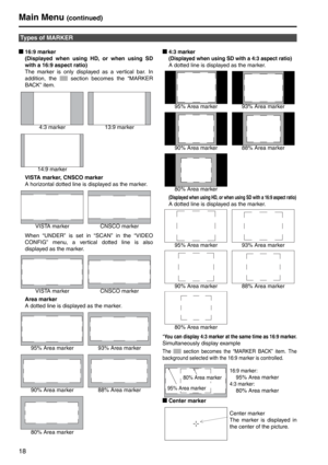 Page 1818
g16:9 marker  
(Displayed when using HD, or when using SD 
with a 16:9 aspect ratio)
The marker is only displayed as a vertical bar. In 
addition, the   section becomes the “MARKER 
BACK” item. 
VISTA marker, CNSCO marker
A horizontal dotted line is displayed as the marker. 
When “UNDER” is set in “SCAN” in the “VIDEO 
CONFIG” menu, a vertical dotted line is also 
displayed as the marker. 
Area marker
A dotted line is displayed as the marker.  g4:3 marker 
(Displayed when using SD
 with a 4:3 aspect...