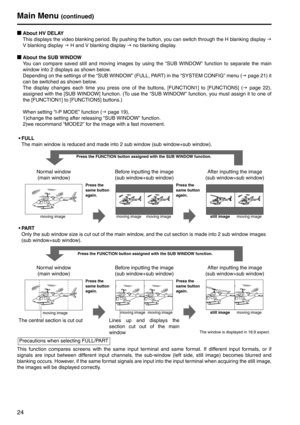 Page 2424
gAbout HV DELAY
This displays the video blanking period. By pushing the button, you can switch through the H blanking display  J
V blanking display  J H and V blanking display  J no blanking display.
g About the SUB WINDOW
You can compare saved still and movi ng images by using the “SUB WINDOW” function to separate the main 
window into 2 displays as shown below.
Depending on the settings of the “SUB WINDOW”  (FULL, PART) in the “SYSTEM CONFIG” menu (J page 21) it 
can be switched as shown below.
The...