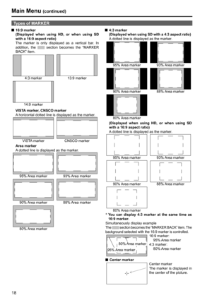 Page 1818
Main Menu (continued)
Types of MARKER
 16:9 marker
   (Displayed when using HD, or when using SD 
with a 16:9 aspect ratio)
   The marker is only displayed as a vertical bar. In 
addition, the 
 section becomes the “MARKER 
BACK” item.
4:3 marker 13:9 marker
14:9 marker
VISTA marker, CNSCO marker
A horizontal dotted line is displayed as the marker.
VISTA marker CNSCO marker
Area marker
A dotted line is displayed as the marker.
95% Area  marker 93% Area  marker
90% Area  marker 88% Area  marker
80%...