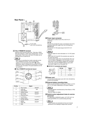 Page 77
22
23
2524
OUTIN
OUT IN
S-VIDEO  
AFC
NORMAL
FAST
OUT INSERVICE
CUT OFFB1
R
G
DRIVER
G
VIDEO A
OUT INEXT SYNC
AUDIO
TALLY/
REMOTE
OUT INVIDEO B
AC IN
DC IN
12V
2
2 1
THIS APPARATUS
MUST BE EARTHED
+-
LINE B
LINE AWARNING
< Rear Panel >
21
OUT IN
AFCNORMAL
FAST
TALLY/
REMOTE
To AC outlet
(120 V AC, 50 Hz/60 Hz)
21 TALLY/REMOTE terminal
External control terminal (DIN 8-pin). Tally lamp, VIDEO
A/B (input selection), Under Scan, External Sync, 4:3/16:9
(aspect ratio), Pulse Cross, and Color Off modes can...