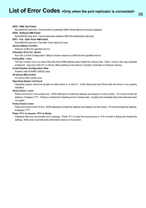 Page 3838
List of Error Codes 
02F5:  DMA Test Failed
ServerBIOS2 test error: Cannot write to extended DMA (Direct Memory Access) registers.
02F6:  Software NMI Failed
ServerBIOS2 test error: Cannot generate software NMI (Non-Maskable Interrupt).
02F7:  Fail - Safe Timer NMI Failed
ServerBIOS2 test error: Fail-Safe Timer takes too long.
device address Conflict
Address conflict for specified device.
Allocation Error for: device
Run ISA or EISA Configuration Utility to resolve resource conflict for the specified...