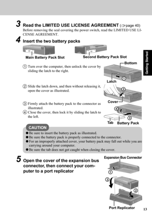 Page 1313
Getting Started
4Insert the two battery packs
CAUTION
2Slide the latch down, and then without releasing it,
open the cover as illustrated.
3Firmly attach the battery pack to the connector as
illustrated.
4Close the cover, then lock it by sliding the latch to
the left.
3Read the LIMITED USE LICENSE AGREEMENT (page 40)
Before removing the seal covering the power switch, read the LIMITED USE LI-
CENSE AGREEMENT.
Main Battery Pack SlotSecond Battery Pack Slot
1Turn over the computer, then unlock the cover...