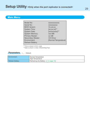 Page 2929
Normal Temperature
High Temperature
Refreshing the Battery  ( page 15)
Setup Utility 
Environment
Refresh Battery
Main Menu
Model No: xxxxxxxxxxxx
Serial No: xxxxxxxxxx
BIOS Version: Vx.xxLxx
System Time: [xx:xx:xx]*
1
System Date: [xx/xx/xxxx]*2
System Memory: xxx MB
Primary Master: xx GB
Secondary Master: CD Drive
Environment: [Normal Temperature]
Refresh Battery
(     :  Default)Parameters
*1Time is shown in 24-hr. style.
*2Date is shown in order of Month/Day/Year. 