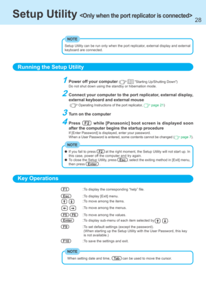 Page 2828
Setup Utility 
Running the Setup Utility
Setup Utility can be run only when the port replicator, external display and external
keyboard are connected.
NOTE
1Power off your computer (  "Starting Up/Shutting Down")
Do not shut down using the standby or hibernation mode.
2Connect your computer to the port replicator, external display,
external keyboard and external mouse
 
( Operating Instructions of the port replicator,  page 21)
3Turn on the computer
4Press   F2   while [Panasonic] boot screen...