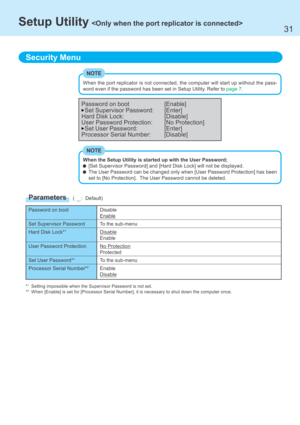 Page 3131
Disable
Enable
To the sub-menu
Disable
Enable
No Protection
Protected
To the sub-menu
Enable
Disable
Password on boot
Set Supervisor Password
Hard Disk Lock*1
User Password Protection
Set User Password*1
Processor Serial Number*2
Security Menu
Password on boot [Enable]
Set Supervisor Password: [Enter]
Hard Disk Lock: [Disable]
User Password Protection: [No Protection]
Set User Password: [Enter]
Processor Serial Number: [Disable]
*1Setting impossible when the Supervisor Password is not set.
*2When...