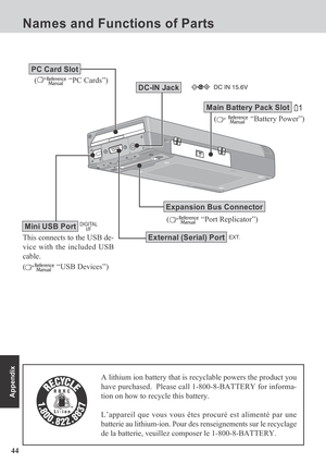 Page 4444
Appendix
( “PC Cards”)
PC Card Slot
DC-IN Jack
( “Port Replicator”)
This connects to the USB de-
vice with the included USB
cable.
(
 “USB Devices”)
Mini USB Port
(  “Battery Power”)
Main Battery Pack Slot
Expansion Bus Connector
External (Serial) Port
A lithium ion battery that is recyclable powers the product you
have purchased.  Please call 1-800-8-BATTERY for informa-
tion on how to recycle this battery.
L’appareil que vous vous êtes procuré est alimenté par une
batterie au lithium-ion. Pour des...