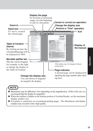 Page 2929
Operation
Page indicator
A desired page can be displayed by
inputting the page number after click-
ing here.
(The display may be changed without
notification.)
Zoom-in
Hand tool
To move around
the current page.Display the page
Go forward or backward
a page, or to the beginning
or end of a document.
Display of
the manual
Table of Content
(Items)
By clicking an item, the
corresponding page will
be displayed at 100%.
Movable splitter bar
This bar can be dragged,
for example, to the right
to enlarge the...