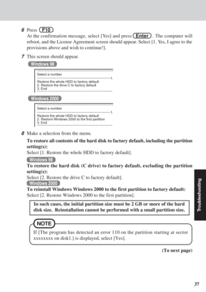 Page 3737
Troubleshooting
In such cases, the initial partition size must be 2 GB or more of the ha\
rd
disk size.  Reinstallation cannot be performed with a small partition si\
ze.
If [The program has detected an error 110 on the partition starting at s\
ector
xxxxxxxx on disk1.] is displayed, select [Yes].
NOTE
8Make a selection from the menu.
To restore all contents of the hard disk to factory default, including t\
he partition
setting(s):
Select [1. Restore the whole HDD to factory default].
Windows 98
To...