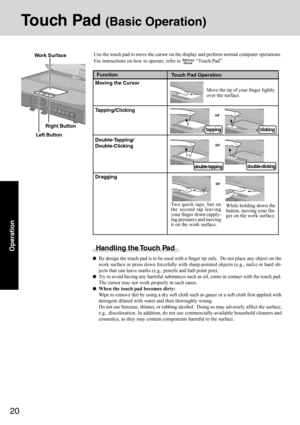 Page 2020
Operation
Touch Pad (Basic Operation)
Use the touch pad to move the cursor on the display and perform normal computer operations.
For instructions on how to operate, refer to 
 “Touch Pad”.
Handling the Touch Pad
By design the touch pad is to be used with a finger tip only.  Do not place any object on the
work surface or press down forcefully with sharp-pointed objects (e.g., nails) or hard ob-
jects that can leave marks (e.g., pencils and ball point pen).
Try to avoid having any harmful substances...