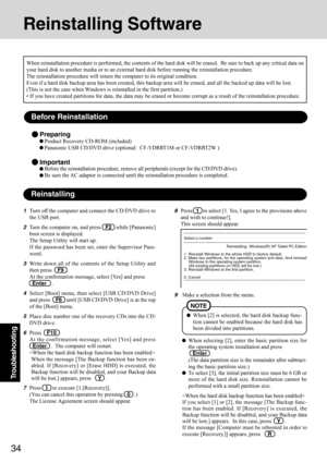 Page 3434
Troubleshooting
9Make a selection from the menu.
When selecting [2], enter the basic partition size for
the operating system installation and press
   Enter   .
(The data partition size is the remainder after subtract-
ing the basic partition size.)
To select [3], the initial partition size must be 6 GB or
more of the hard disk size. Reinstallation cannot be
performed with a small partition size.

If you select [1] or [2], the message [The Backup func-
tion has been enabled. If [Recovery] is executed,...