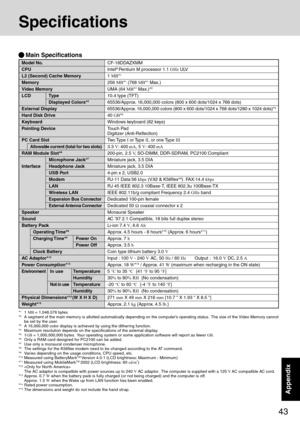 Page 4343
AppendixAppendix
Specifications
CF-18DDAZXMM
Intel® Pentium M processor 1.1 GHz ULV
1 MB*1
256 MB*1 (768 MB*1 Max.)
UMA (64 MB*1 Max.)*2
10.4 type (TFT)
65536/Approx. 16,000,000 colors (800 x 600 dots/1024 x 768 dots)
65536/Approx. 16,000,000 colors (800 x 600 dots/1024 x 768 dots/1280 x 1024 dots)*4
40 GB*5
Windows keyboard (82 keys)
Touch Pad
Digitizer (Anti-Reflection)
Two Type I or Type II, or one Type III
3.3 V: 400 mA, 5 V: 400 mA
200-pin, 2.5 V,  SO-DIMM, DDR-SDRAM, PC2100 Compliant
Miniature...