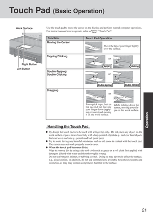 Page 2121
Operation
Touch Pad (Basic Operation)
Use the touch pad to move the cursor on the display and perform normal computer operations.
For instructions on how to operate, refer to 
 “Touch Pad”.
Handling the Touch Pad
By design the touch pad is to be used with a finger tip only.  Do not place any object on the
work surface or press down forcefully with sharp-pointed objects (e.g., nails) or hard objects
that can leave marks (e.g., pencils and ball point pen).
Try to avoid having any harmful substances such...