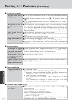 Page 3434
Troubleshooting
Dealing with Problems (Summary)
Some applications may not
work properlyWhen switching to a different user with the Fast User Switching function, the following
problems may occur.
• Some applications may not work properly.
• Key combinations with the Fn key may not work.
• It may not be possible to set the settings of the display.
• 
Wireless LAN may not work.
In this case, log off all users without using Fast User Switching function, and try the
operation once more. If the problem...