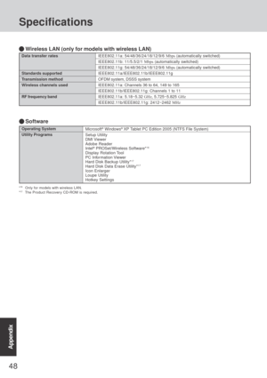 Page 4848
Appendix
Microsoft® Windows® XP Tablet PC Edition 2005 (NTFS File System)
Setup Utility
DMI Viewer
Adobe Reader
Intel
® PROSet/Wireless Software*16
Display Rotation Tool
PC Information Viewer
Hard Disk Backup Utility*
17
Hard Disk Data Erase Utility*17
Icon Enlarger
Loupe Utility
Hotkey Settings
Software
Operating System
Utility Programs
*16 Only for models with wireless LAN.
*17 The Product Recovery CD-ROM is required.
Specifications
Data transfer rates
Standards supported
Transmission method...
