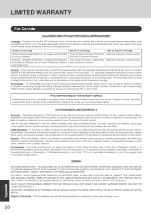 Page 5050
Appendix
PANASONIC COMPUTER AND PERIPHERALS LIMITED WARRANTY
Coverage – Panasonic Canada Inc. (“PCI”) warrants to you, the first end user customer, this computer product (excluding software media), when
purchased from PCI or from a PCI author ized reseller, to be free from defects in materials and workmanship under normal use, subject to the terms
set for th below, during the period of warranty cover age specified.
Remedy – In the event of a warranty claim, contact PCI’s representatives within the...
