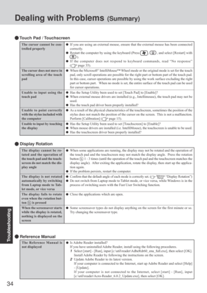 Page 3434
Troubleshooting
Dealing with Problems (Summary)
The display cannot be ro-
tated and the operation of
the touch pad and the touch-
screen do not match the dis-
play angle
The display is not rotated
automatically by switching
from Laptop mode to Tab-
let mode, or vice versa
The display fails to rotate
even when the rotation but-
ton 
 is pressed
When the screensaver starts
while the display is rotated,
nothing is displayed on the
screen
 Display Rotation
When some applications are running, the display...