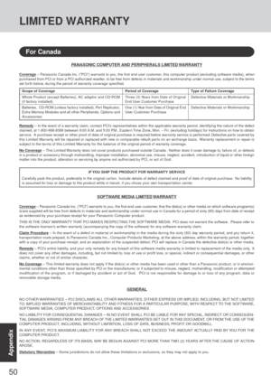 Page 5050
Appendix
PANASONIC COMPUTER AND PERIPHERALS LIMITED WARRANTY
Coverage – Panasonic Canada Inc. (“PCI”) warrants to you, the first end user customer, this computer product (excluding software media), when
purchased from PCI or from a PCI author ized reseller, to be free from defects in materials and workmanship under normal use, subject to the terms
set for th belo w, dur ing the period of warranty coverage specified.
Remedy – In the event of a warranty claim, contact PCI’s representatives within the...