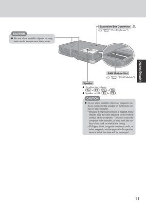 Page 1111
Getting Started
To adjust the volume:
  Fn   +   F5   /   Fn   +   F6
Speaker on/off :   Fn   +   F4
(  “Port Replicator”)
Speaker
(  “RAM Module”)
RAM Module Slot
CAUTION
Do not allow metallic objects or magnetic me-
dia to come near the speaker on the bottom sur-
face of the computer.
• Because the speaker contains a magnet, metal
objects may become attached to the bottom
surface of the computer.  This may cause the
computer to be unstable, or may mark the sur-
face of the desk on which it is...