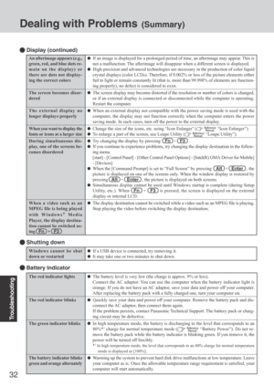 Page 3232
Troubleshooting
Dealing with Problems (Summary)
The red indicator lights
The red indicator blinks
The green indicator blinks
The battery indicator blinks
green and orange alternately
The battery level is very low (the charge is approx. 9% or less).
Connect the AC adaptor. You can use the computer when the battery indicator light is
orange. If you do not have an AC adaptor, save your data and power off your computer.
After replacing the battery pack with a fully charged one, turn your computer on....