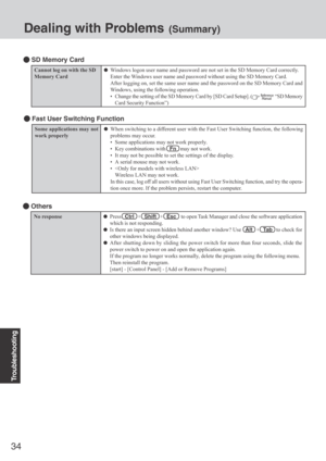 Page 3434
Troubleshooting
Dealing with Problems (Summary)
Some applications may not
work properlyWhen switching to a different user with the Fast User Switching function, the following
problems may occur.
• Some applications may not work properly.
•
Key combinations with   Fn   may not work.
• It may not be possible to set the settings of the display.
• A serial mouse may not work.
• 
Wireless LAN may not work.
In this case, log off all users without using Fast User Switching function, and try the opera-
tion...