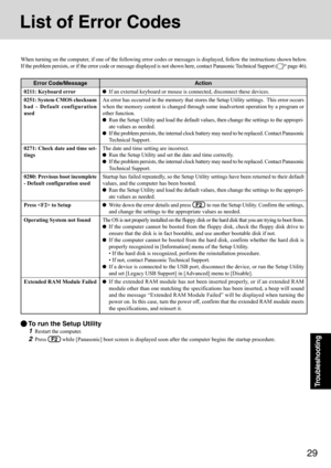 Page 2929
Troubleshooting
List of Error Codes
When turning on the computer, if one of the following error codes or messages is displayed, follow the instructions shown below.
If the problem persists, or if the error code or message displayed is not shown here, contact Panasonic Technical Support (
 page 46).
Error Code/Message
0211: Keyboard error
0251: System CMOS checksum
bad - Default configuration
used
0271: Check date and time set-
tings
0280: Previous boot incomplete
- Default configuration used
Press  to...