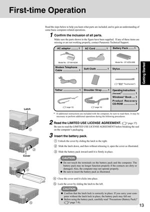 Page 1313
Getting Started
1
First-time Operation
Read the steps below to help you learn what parts are included, and to gain an understanding of
some basic computer-related operations.
1Confirm the inclusion of all parts.
Make sure the parts shown in the figure have been supplied.  If any of these items are
missing or are not working properly, contact Panasonic Technical Support.
3Insert the battery pack.
Unlock the cover by sliding the latch to the right.1
CAUTION
Do not touch the terminals on the battery pack...