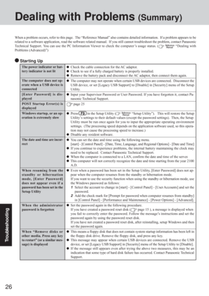 Page 26Troubleshooting
26
The power indicator or bat-
tery indicator is not lit
The computer does not op-
erate when a USB device is
connected
[Enter Password] is dis-
played
POST Startup Error(s) is
displayed
Windows startup, or an op-
eration is extremely slow
The date and time are incor-
rect
When resuming from the
standby or hibernation
mode, [Enter Password]
does not appear even if a
password has been set in the
Setup Utility
When the administrator
password is forgotten
When “Remove disks or
other media....