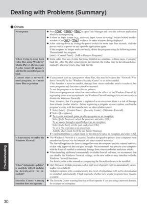Page 30Troubleshooting
30
Dealing with Problems (Summary)
 Others
Press   Ctrl   +    Shift    +   Esc   to open Task Manager and close the software application
which is not responding.
Is there an input screen (e.g., password input screen at startup) hidd\
en behind another
window? Use    Alt   +    Ta b    to check for other windows being displayed.
After shutting down by sliding the power switch for more than four secon\
ds, slide the
power switch to power on and open the application again.
If the program no...