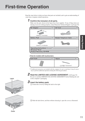 Page 1111
Getting Started
2Read the LIMITED USE LICENSE AGREEMENT. ( page 34)
Be sure to read the LIMITED USE LICENSE AGREEMENT before breaking the seal
on the computer ’s packaging.
3Insert the battery pack.
1Unlock the cover by sliding the latch to the right.
First-time Operation
Read the steps below to help you learn what parts are included, and to gain an understanding of
some basic computer-related operations.
1Confirm the inclusion of all parts.
Make sure the parts shown in the figure have been supplied....