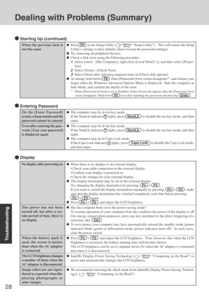 Page 28Troubleshooting
28
Dealing with Problems (Summary)
When the previous item is
not the cause
 Starting Up (continued)
Press   F9    in the Setup Utility (  “Setup Utility”).   This will restore the Setup
Utility’s settings to their  default values (except the password settings).
Try removing all peripheral devices.
Check a disk error using the following procedure.
1Select [start] - [My Computer], right-click [Local Disk(C:)], and then select [Proper-
ties].
2Select [Tools] - [Check Now].
3Select [Start]...