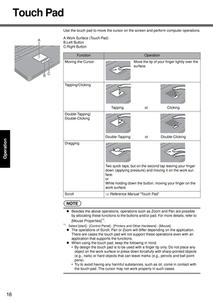 Page 1616
Operation
Touch Pad
Use the touch pad to move the cursor on the screen and perform computer operations.
A.Work Surface (Touch Pad)
B.Left Button
C.Right Button
NOTE
zBesides the above operations, operations such as Zoom and Pan are possible 
by allocating these functions to the buttons and/or pad. For more details, refer to 
[Mouse Properties]
*1.
*1Select [start] - [Control Panel] - [Printers and Other Hardware] - [Mouse].
zThe operations of Scroll, Pan or Zoom will differ depending on the...