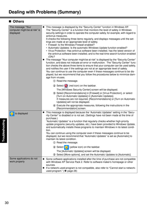 Page 30Dealing with Problems (Summary)
30
Troubleshooting
The message “Your 
computer might be at risk” is 
displayedzThis message is displayed by the “Security Center” function in Windows XP.
The “Security Center” is a function that monitors the level of safety in Windows 
security settings in order to operate the computer safely, for example, with regard to 
antivirus measures.
It checks the following three items regularly, and displays messages until the set-
tings are made at an appropriate level of...