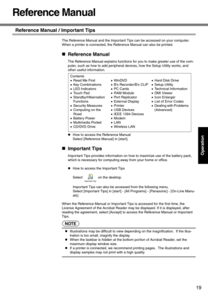 Page 1919
Operation
Reference Manual
Reference Manual / Important Tips
The Reference Manual and the Important Tips can be accessed on your computer.  
When a printer is connected, the Reference Manual can also be printed.
„Reference Manual
The Reference Manual explains functions for you to make greater use of the com-
puter, such as how to add peripheral devices, how the Setup Utility works, and 
other useful information. 
zHow to access the Reference Manual
Select [Reference Manual] in [start].
„Important...