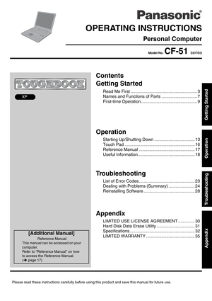 Page 1Please read these instructions carefully before using this product and save this manual for future use.
Contents
Getting Started
Operation
Troubleshooting
Getting Started Operation Troubleshooting Appendix
Appendix
XP
Read Me First ........................................................ 3
Names and Functions of Parts.............................. 7
First-time Operation ............................................... 9
Starting Up/Shutting Down .................................. 13
Touch Pad...