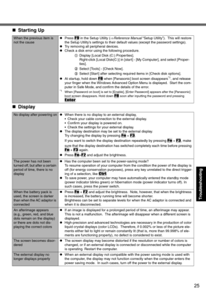 Page 2525
Troubleshooting
When the previous item is 
not the causezPress F9 in the Setup Utility (⇒Reference Manual “Setup Utility”).  This will restore 
the Setup Utility’s settings to their default values (except the password settings).
zTry removing all peripheral devices.
zCheck a disk error using the following procedure.
ADisplay [Local Disk (C:) Properties].
Right-click [Local Disk(C:)] in [start] - [My Computer], and select [Proper-
ties].
BSelect [Tools] - [Check Now].
CSelect [Start] after selecting...