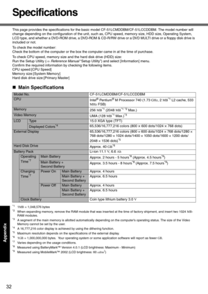 Page 3232
Appendix
Specifications
This page provides the specifications for the basic model CF-51LCMDDBM/CF-51LCCDDBM. The model number will 
change depending on the configuration of the unit, such as, CPU speed, memory size, HDD size, Operating System, 
LCD type, and whether a DVD-ROM drive, a DVD-ROM & CD-R/RW drive or a DVD MULTI drive or a floppy disk drive is 
included or not.
To check the model number:
Check the bottom of the computer or the box the computer came in at the time of purchase.
To check CPU...
