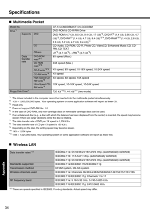 Page 34Specifications
34
Appendix
„Multimedia Pocket
*1The drives included in the computer cannot be inserted into the multimedia pocket simultaneously.*21GB = 1,000,000,000 bytes.  Your operating system or some application software will report as fewer GB.*3Read only.*4Does not support DVD-RW Ver. 1.0.*5In the case of DVD-RAM, only non-cartridge discs or removable cartridge discs can be used.*6If an unbalanced disc (e.g., a disc with which the balance has been displaced from the center) is inserted, the speed...