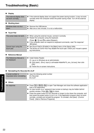 Page 22
22
Getting Started
Useful Information
Troubleshooting
Appendix
Troubleshooting (Basic)
The external display does 
not work normally. z
If the external display does not support th e power saving function, it may not work 
normally when the computer enters the power  saving mode. Turn off the external 
display.
„ Shutting down
Windows does not shut 
down. z
Remove the USB device.
z Wait one or two minutes. It is not a malfunction.
„ Touch Pad
The cursor does not work. zWhen using the external mouse,...
