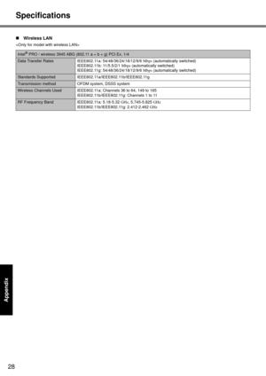 Page 28
28
Getting Started
Useful Information
Troubleshooting
Appendix
Specifications
„ Wireless LAN

Intel® PRO / wireless 3945 ABG (802.11 a + b + g) PCI Ex. 1/4
Data Transfer Rates IEEE802.1 1a: 54/48/36/24/18/12/9/6 Mbps (automatically switched)
IEEE802.11b: 11/5.5/2/1  Mbps (automatically switched)
IEEE802.11g: 54/48/ 36/24/18/12/9/6 Mbps (automatically switched)
Standards Supported IEEE802.11a/IEEE802.11b/IEEE802.11g
Transmission method OFDM system, DSSS system
Wireless Channels Used IEEE802.11a: Channels...