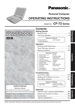 Page 1OPERATING INSTRUCTIONS
Personal Computer
®
Appendix
LIMITED USE LICENSE AGREEMENT ........26
Names and Functions of Par ts ......................28
Specifications ................................................30
LIMITED WARRANTY ...................................32
Troubleshooting
List of Error Codes.........................................19
Dealing with Problems (Summar y).......................21
Reinstalling Software ....................................24
Operation
Starting Up/Shutting Down...